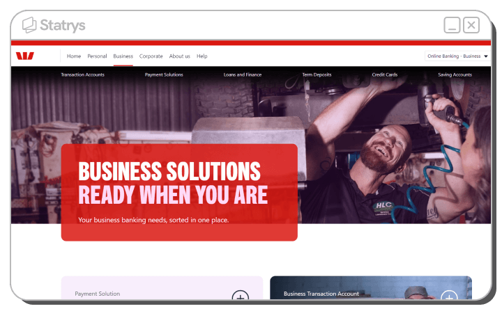  a screenshot of the Westpac Bank business banking homepage