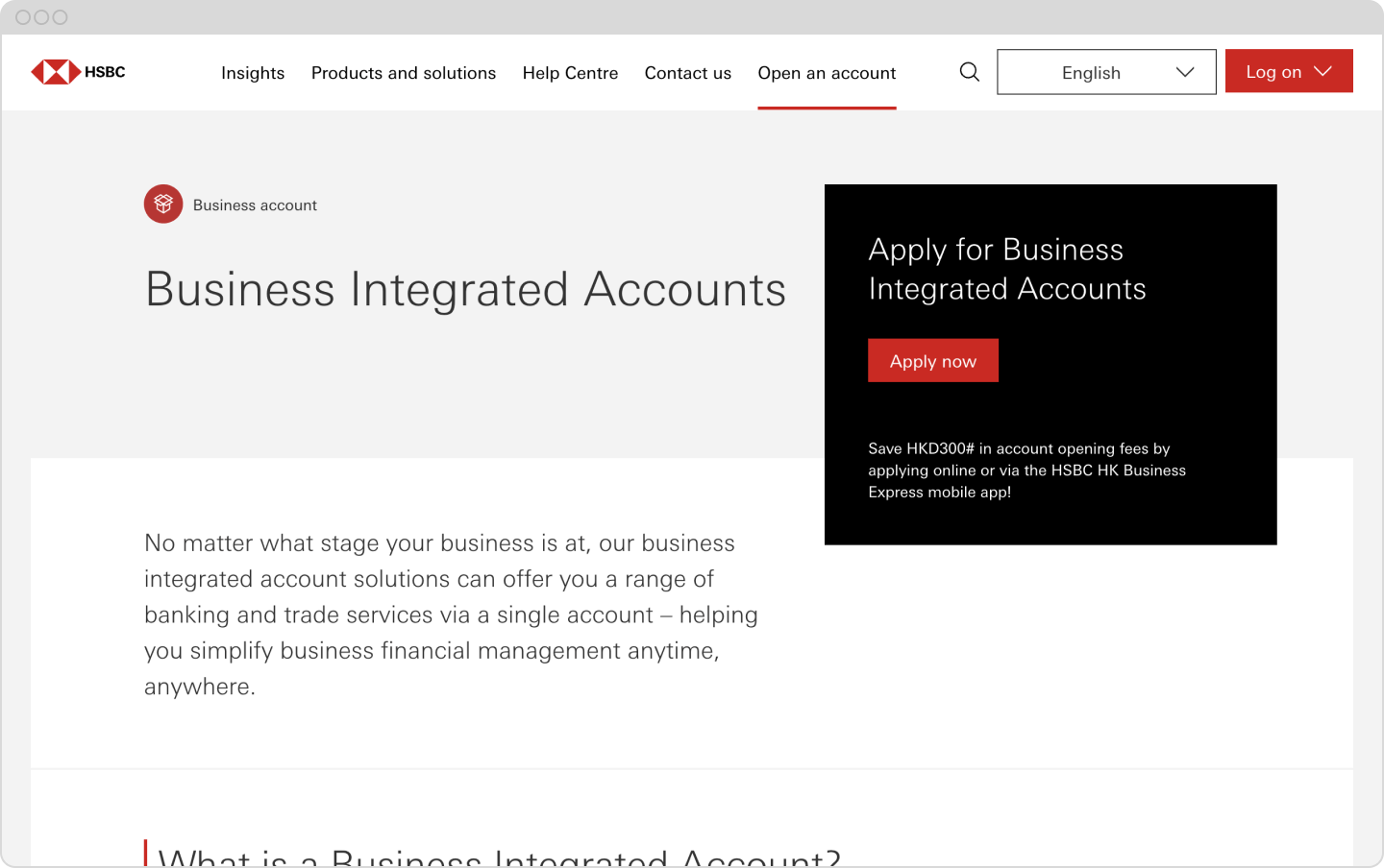 Screenshot of HSBC' Business Integrated Account website