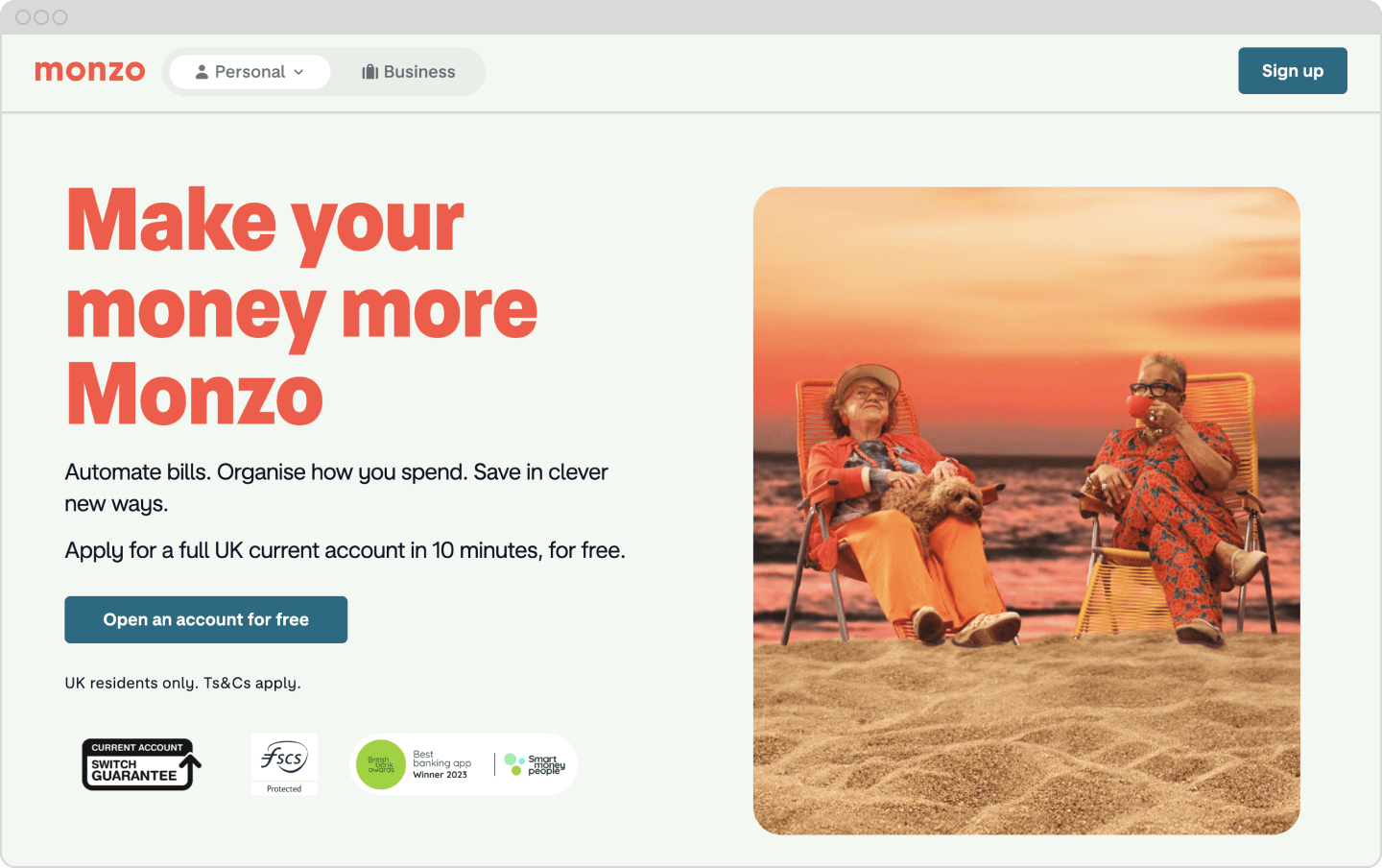 Screenshot of Monzo Bank website