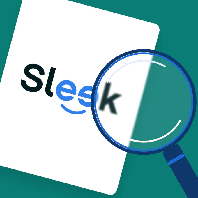 The image of magnifying glass focusing on the letter 'k' in Sleek's logo.