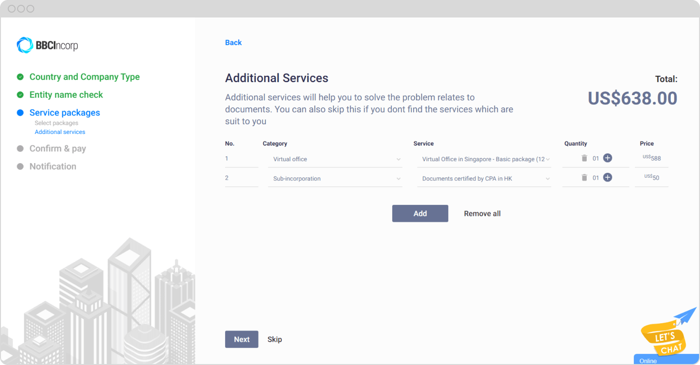 A screenshot of BBCIncorp's registration process showing the option to add additional services.