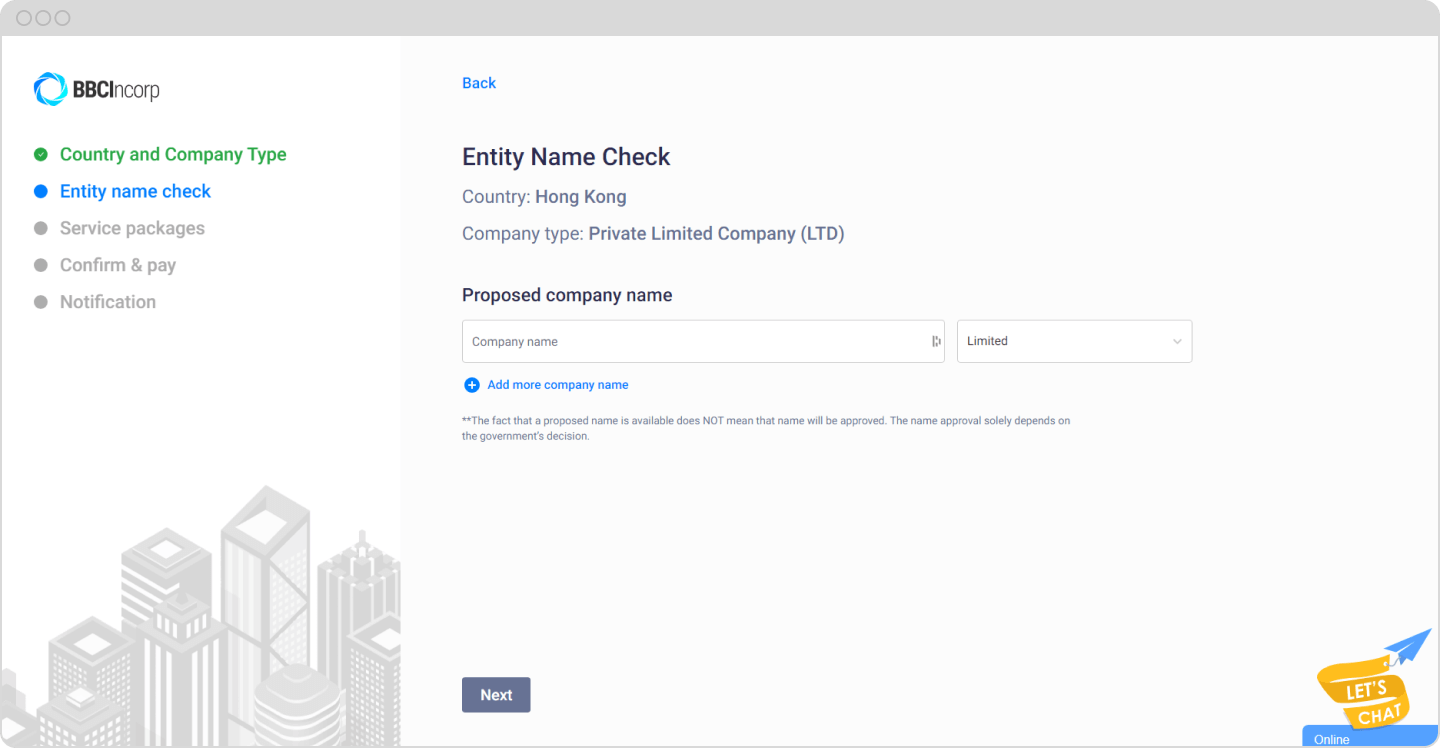 A screenshot of BBCIncorp's registration process showing the entity name check.