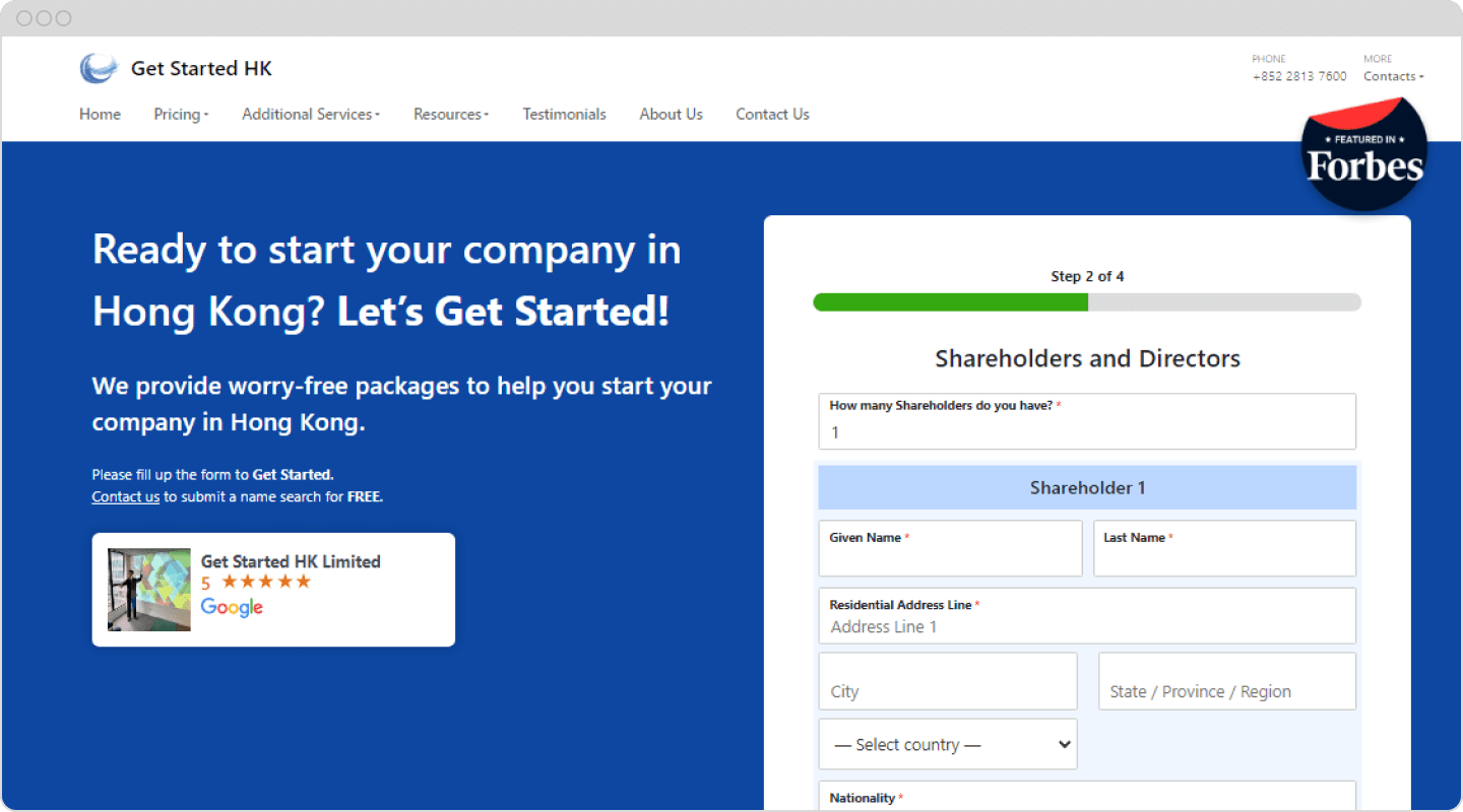 Screenshot of the Get Started HK company registration page, showing the process of filling in shareholder and director information