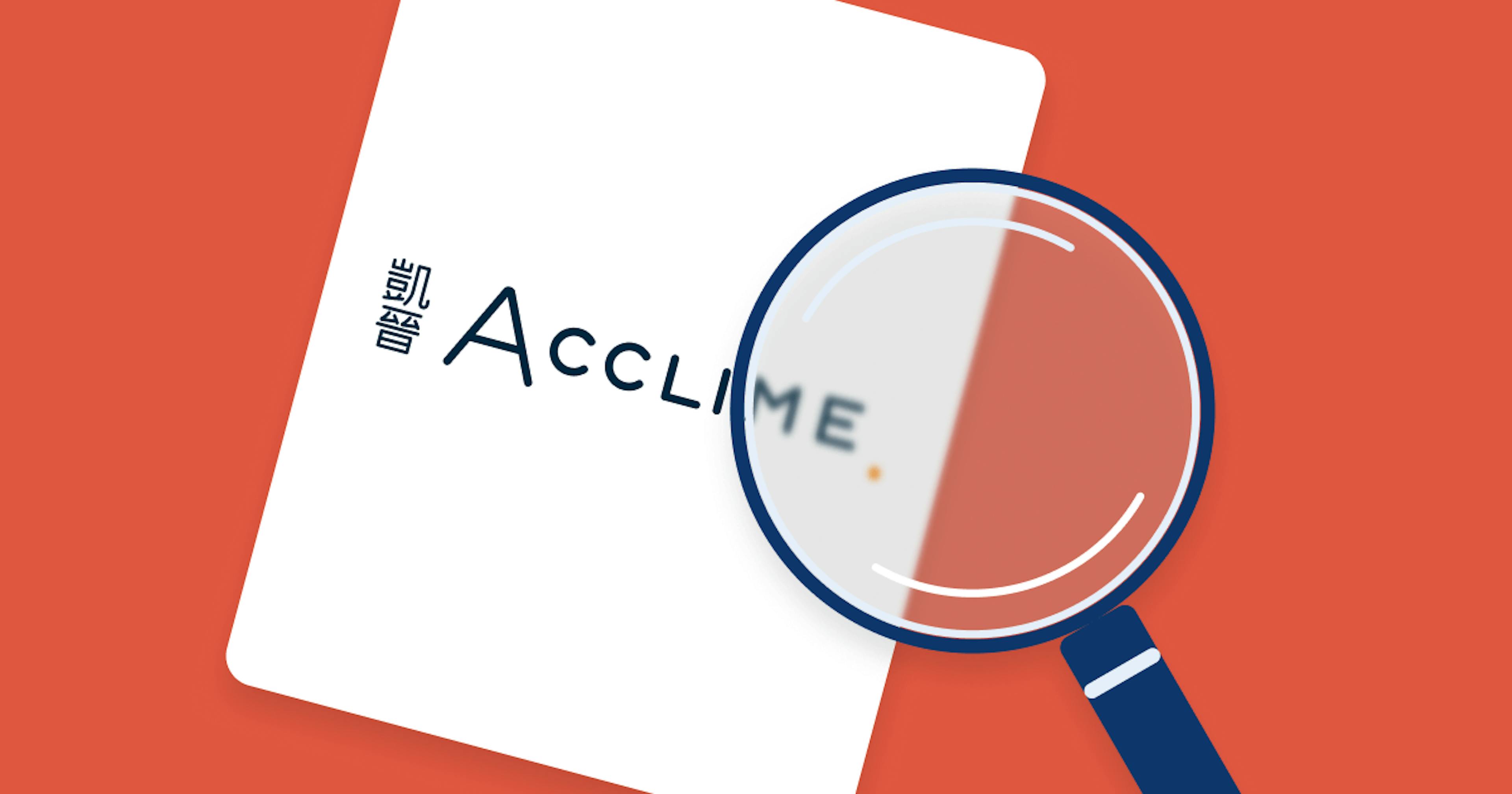 Illustration of a magnifying glass over the Acclime Hong Kong logo on a document, suggesting review and analysis.