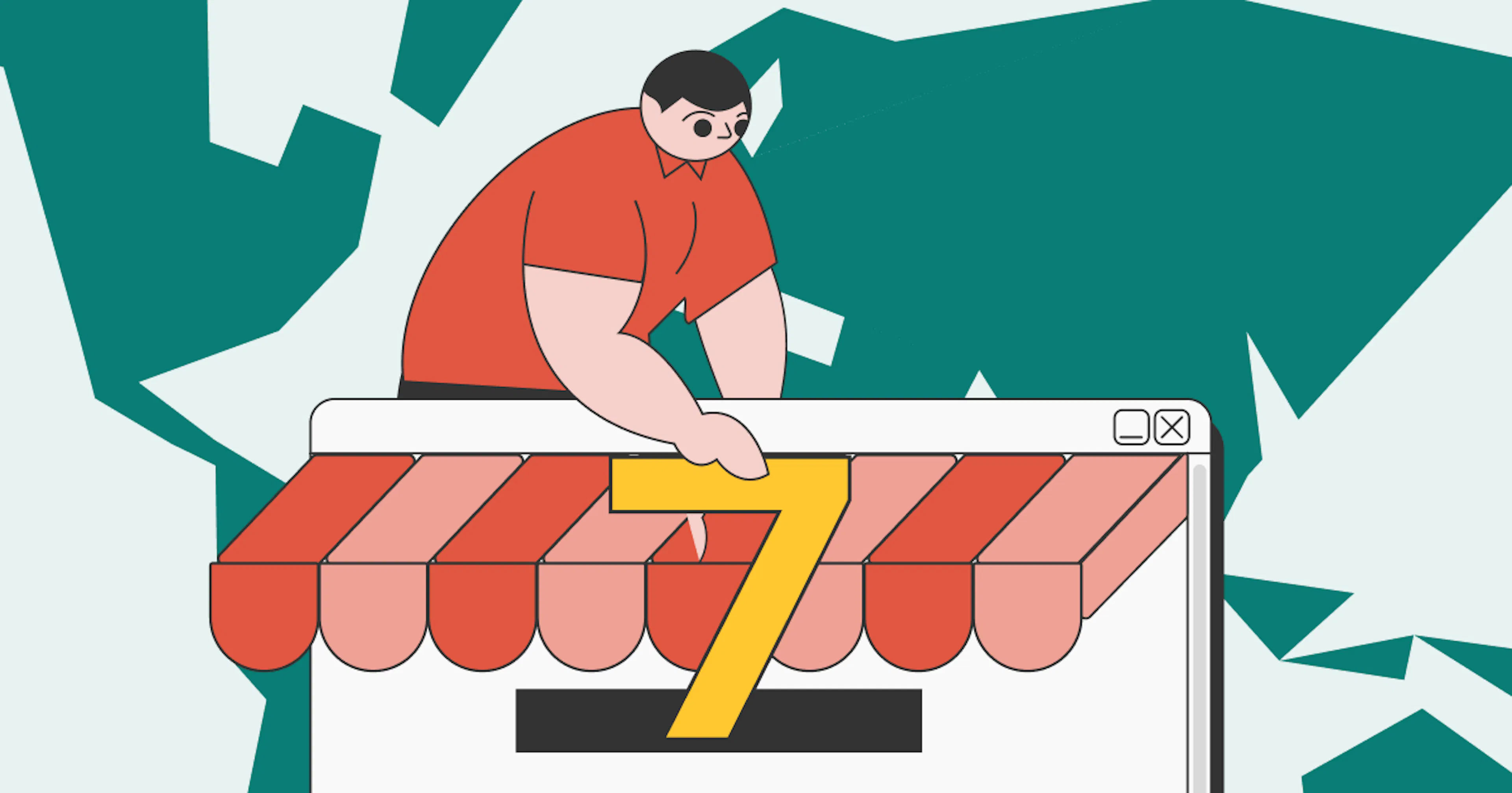 A global business illustration showing a man with a store. The background is a simplified map of the world, emphasising international trade.