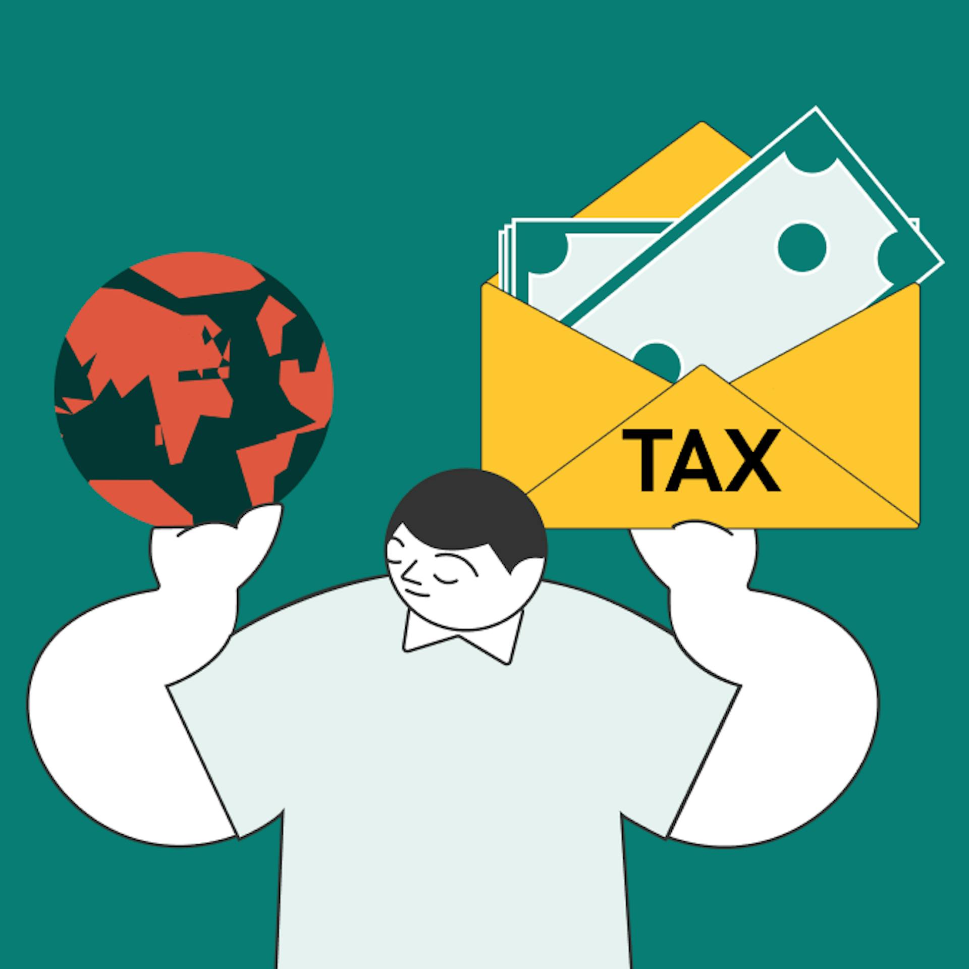 Illustration showing a person holding a globe and a tax envelope, representing how tax havens allow businesses to navigate international activity while managing tax obligations.