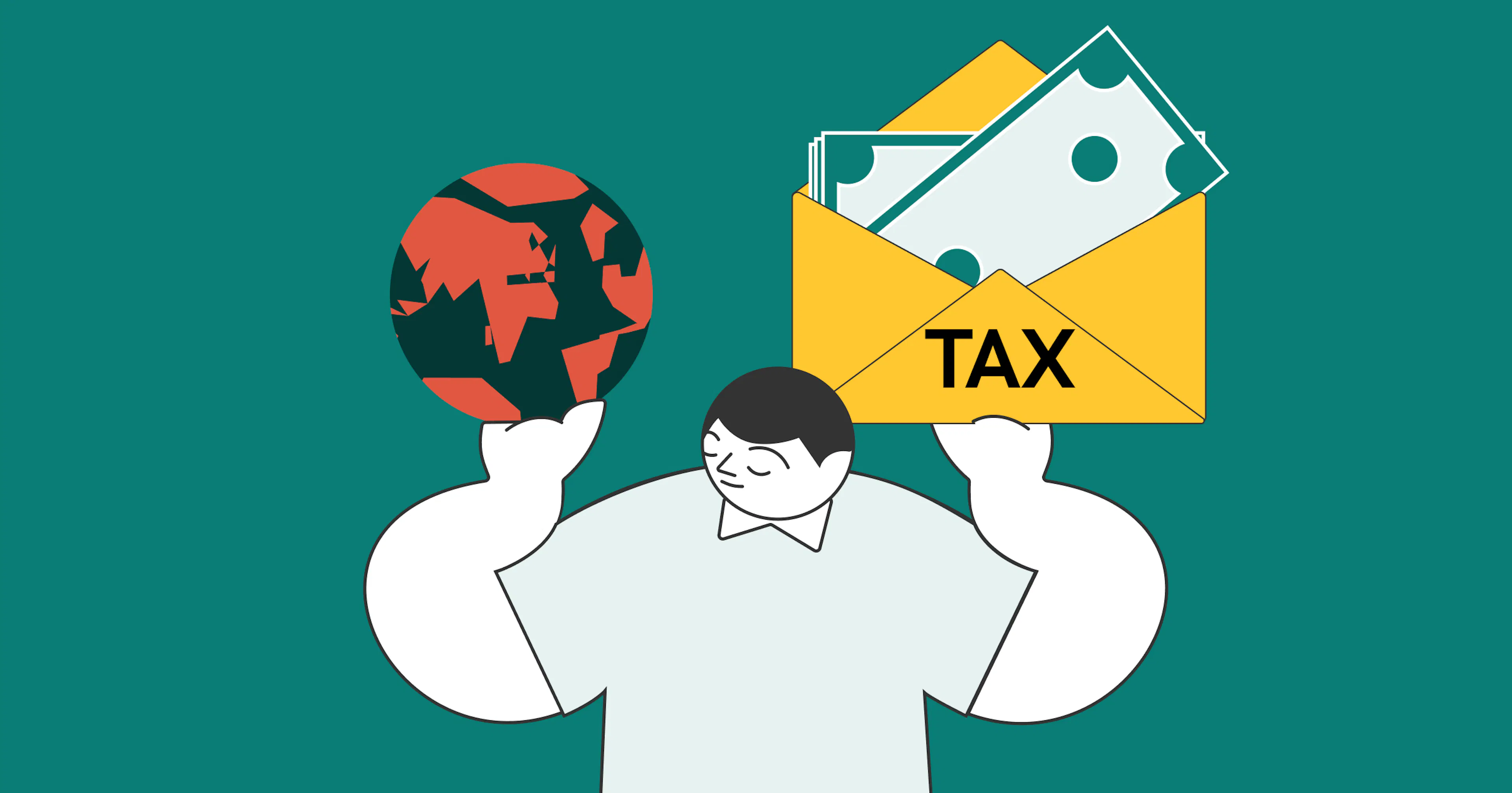 Illustration showing a person holding a globe and a tax envelope, representing how tax havens allow businesses to navigate international activity while managing tax obligations.