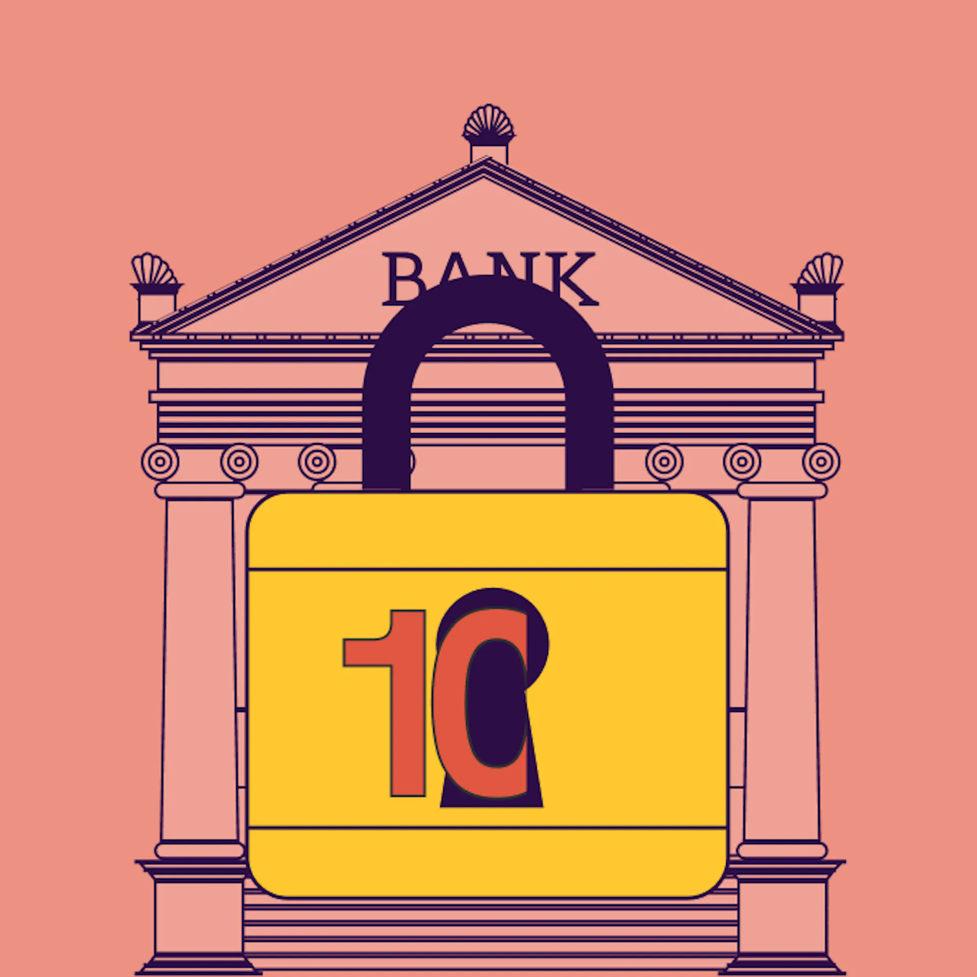An illustration of a bank building secured with a lock displaying the number 10, signifying tips for online banking security