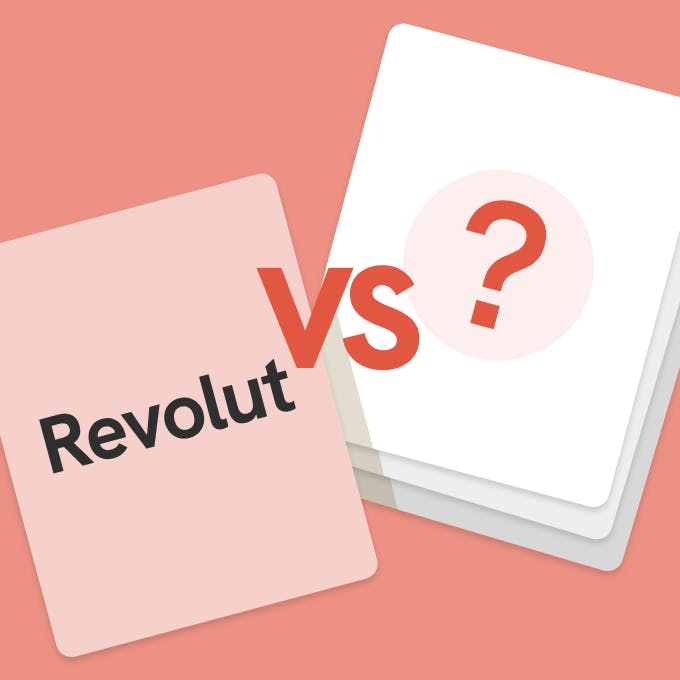 Revolut vs Alternative cards featuring a card for Revolut on the left and a blank card with a question mark on the right, symbolizing the search for Revolut alternatives.