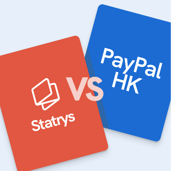 Statrys vs PayPal HK comparison graphic featuring two cards, one for Statrys on the left in coral and one for PayPal HK on the right in blue.