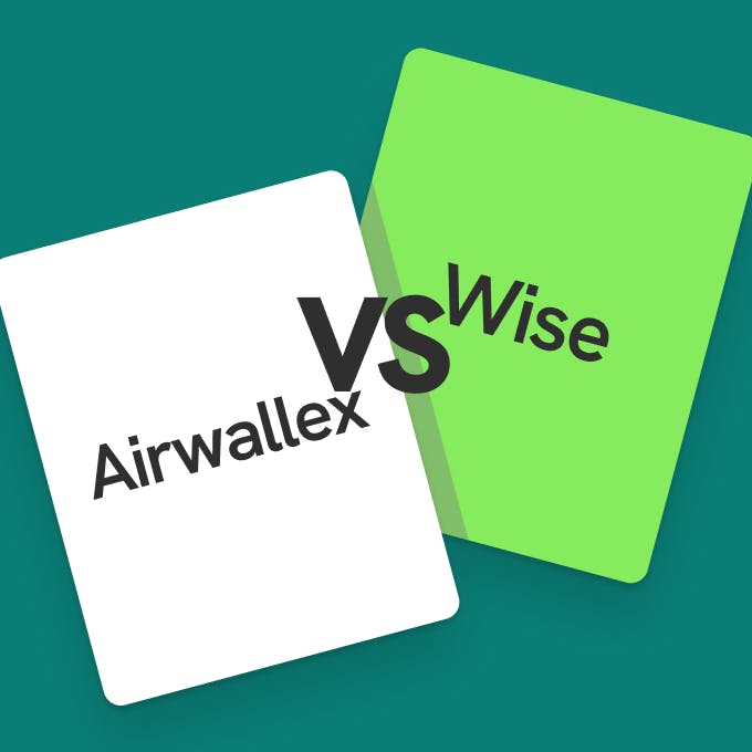 Airwallex vs Wise comparison graphic featuring two cards, one for Airwallex on the left in white and one for Wise on the right in green, representing a comparison between the two fintech companies.