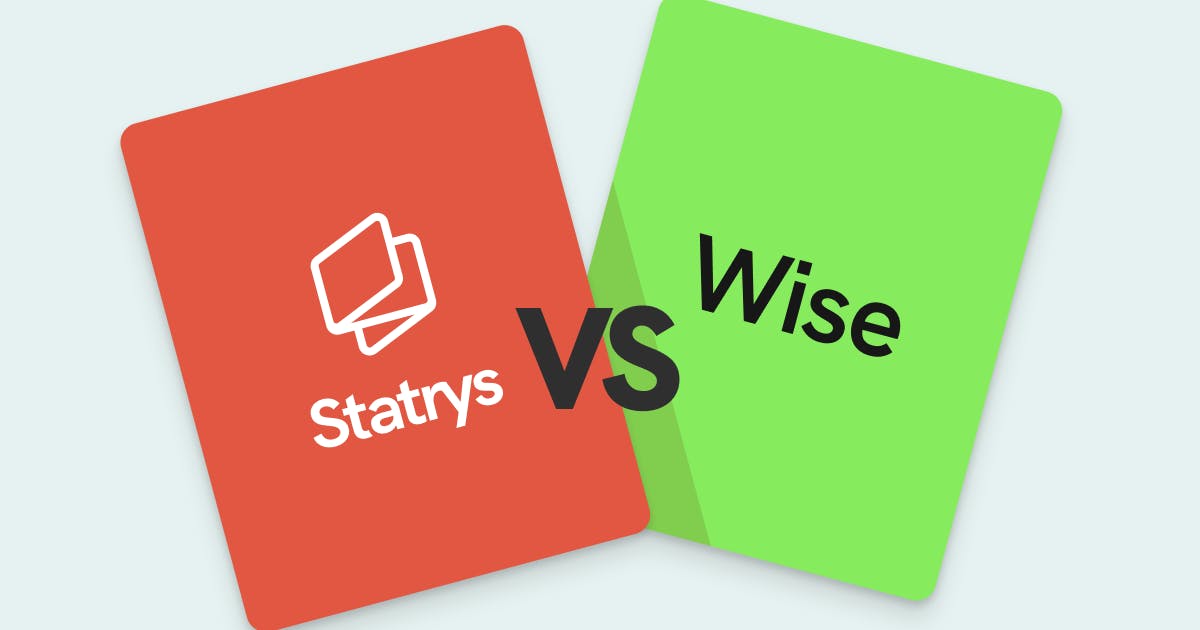 Statrys vs Wise comparison graphic featuring two cards, one for Statrys on the left in coral and one for Wise on the right in green.