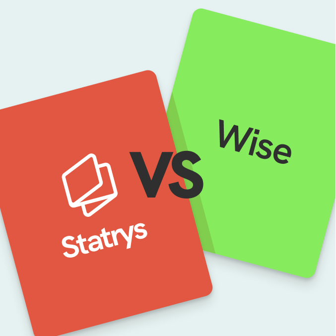 Statrys vs Wise comparison graphic featuring two cards, one for Statrys on the left in coral and one for Wise on the right in green.