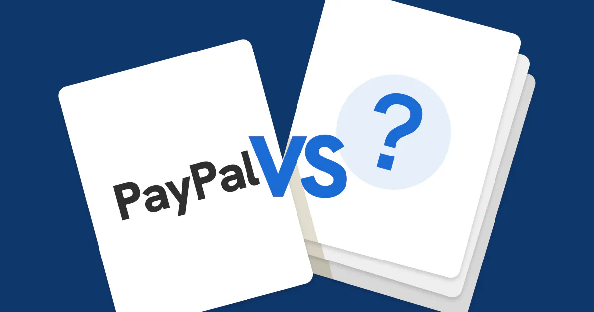 PayPal vs Alternative cards featuring a card for PayPal on the left and a blank card with a question mark on the right, symbolizing the search for PayPal alternatives.