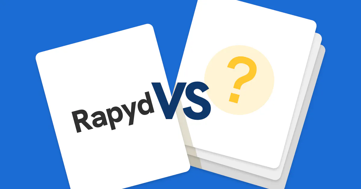 Rapyd vs Alternative cards featuring a card for Rapyd on the left and a blank card with a question mark on the right, symbolizing the search for Rapyd alternatives.