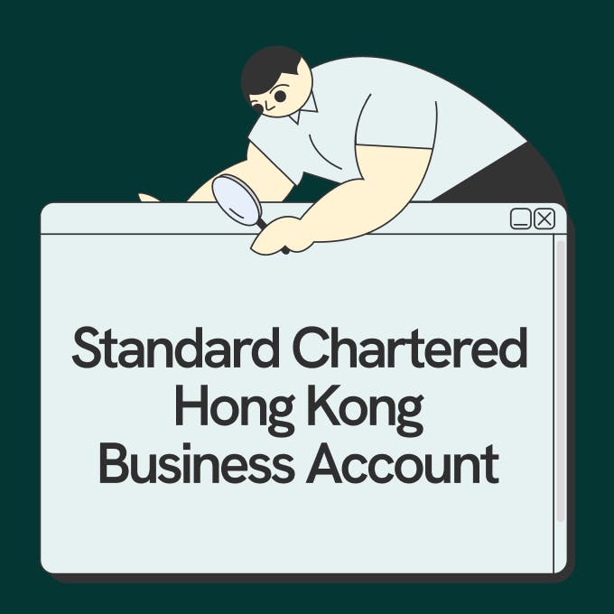 A graphic of the Statrys boy holding a magnifying glass on a screen that says Standard Chartered Hong Kong Business Account