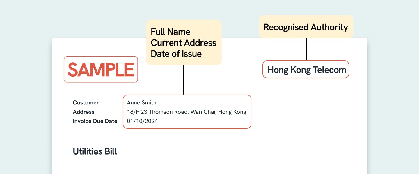 A graphic of a utilities bill header that demonstrates the elements of a valid proof of address