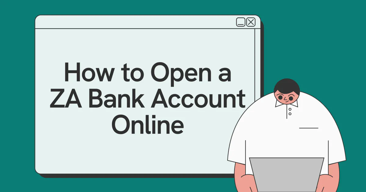 A graphic of a Statrys boy on a laptop with a screen that says "How to open a ZA Bank Account online" behind.
