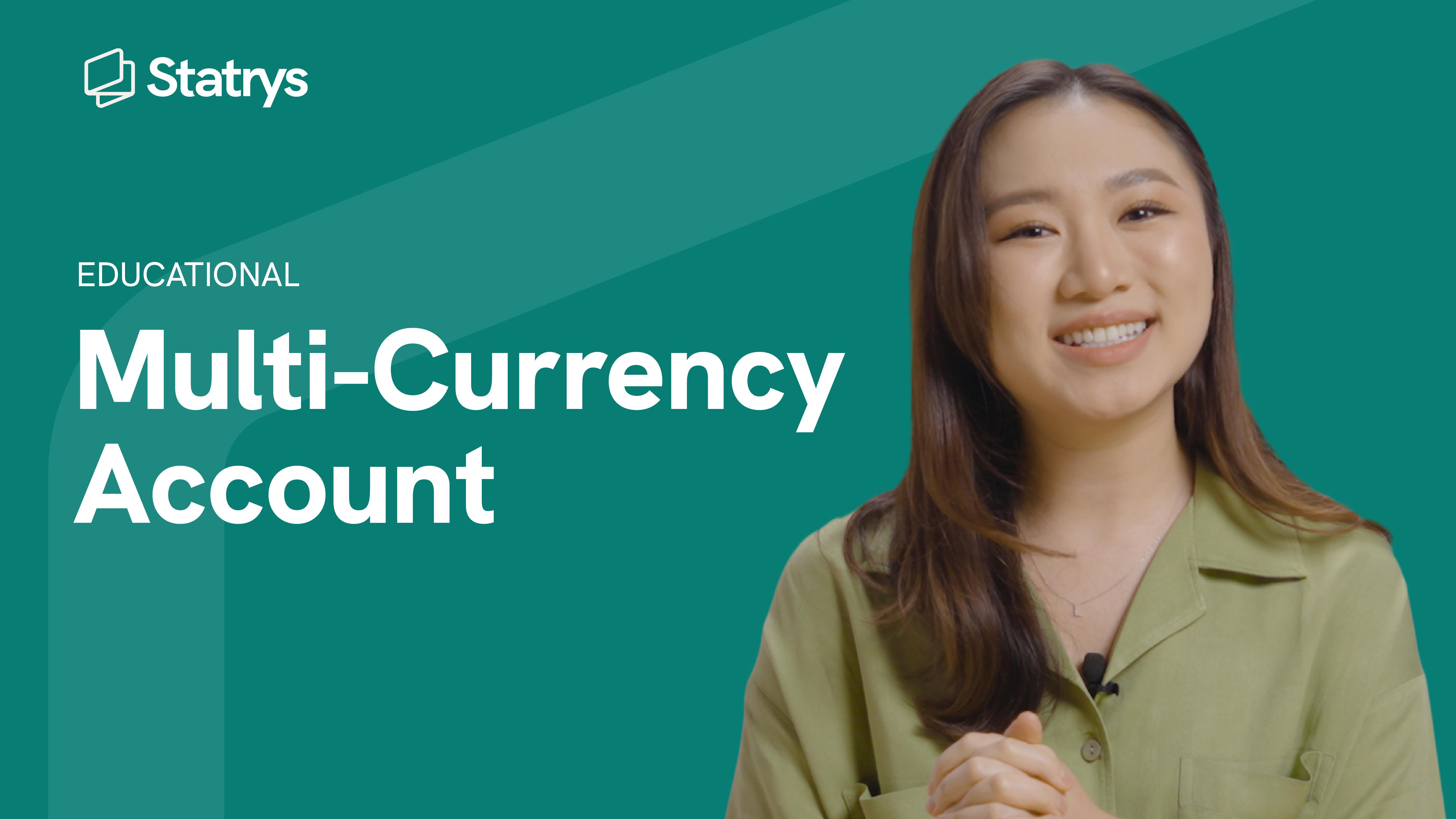 Statrys multi-currency account graphics with woman in green on the right