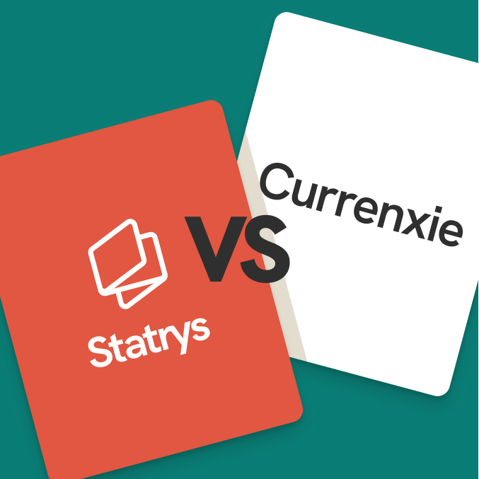 Statrys vs Currenxie comparison graphic featuring two cards, one for Statrys on the left in coral and one for Currenxie on the right in white.