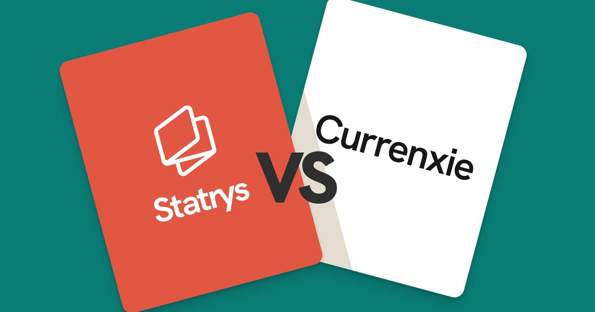 Statrys vs Currenxie comparison graphic featuring two cards, one for Statrys on the left in coral and one for Currenxie on the right in white.