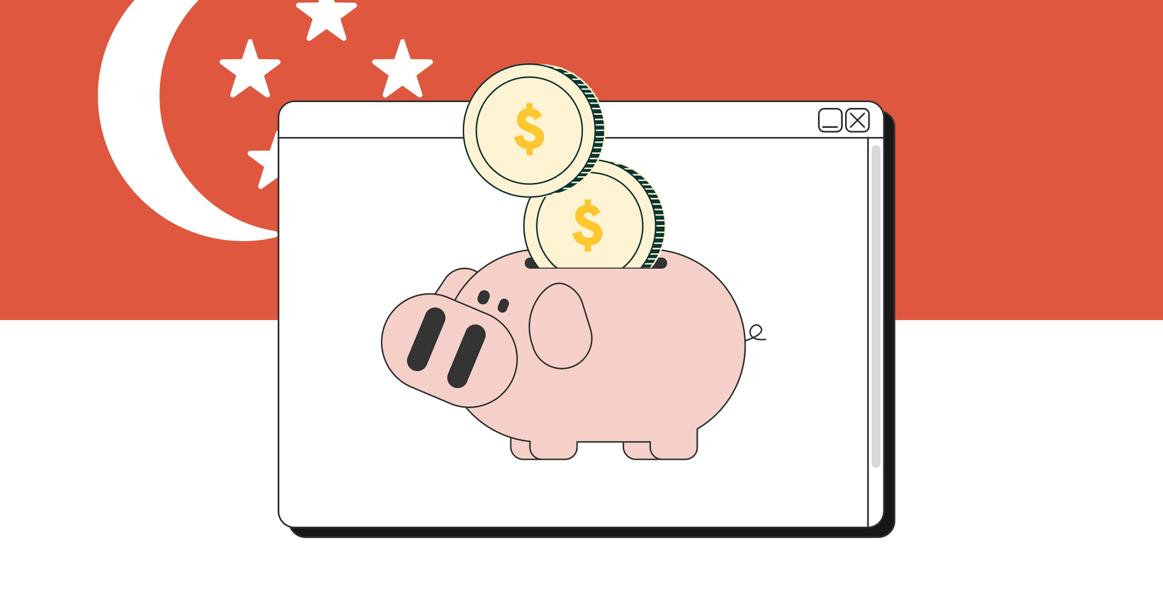 A graphic of an online bank in front of a Singapore flag.