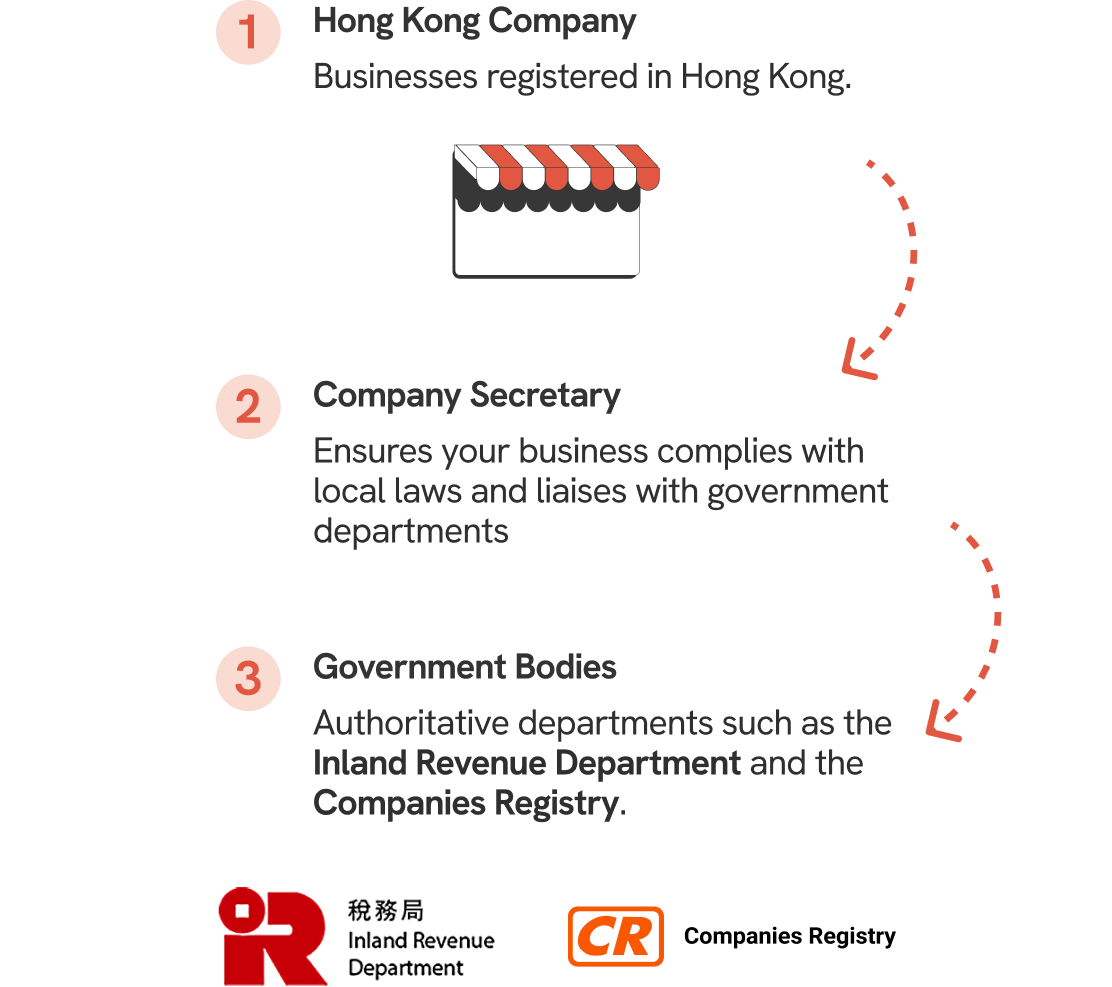 A flow chart illustrating how Hong Kong company secretaries interact with local companies and government bodies