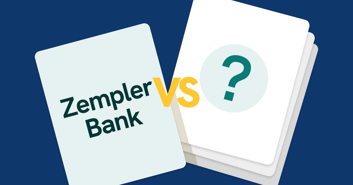 Zempler Bank vs Alternative cards featuring a card for Zempler Bank on the left and a blank card with a question mark on the right, symbolizing the search for alternatives. 