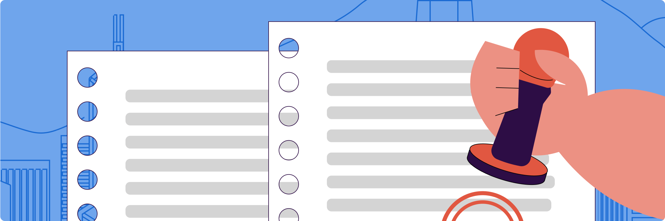 A graphic of a hand stamping different documents