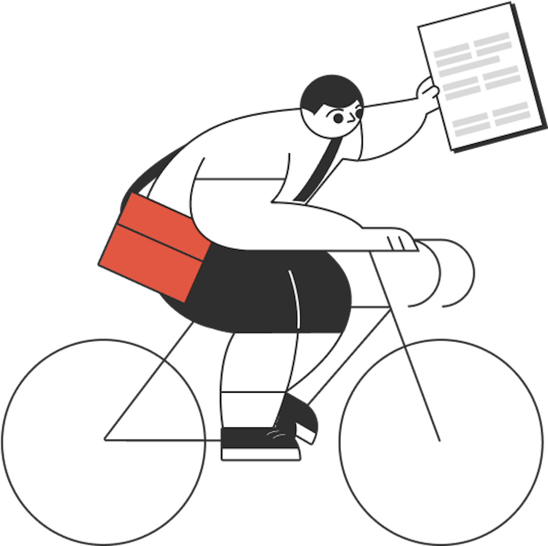A graphic of the Statrys boy riding a bike and holding a document