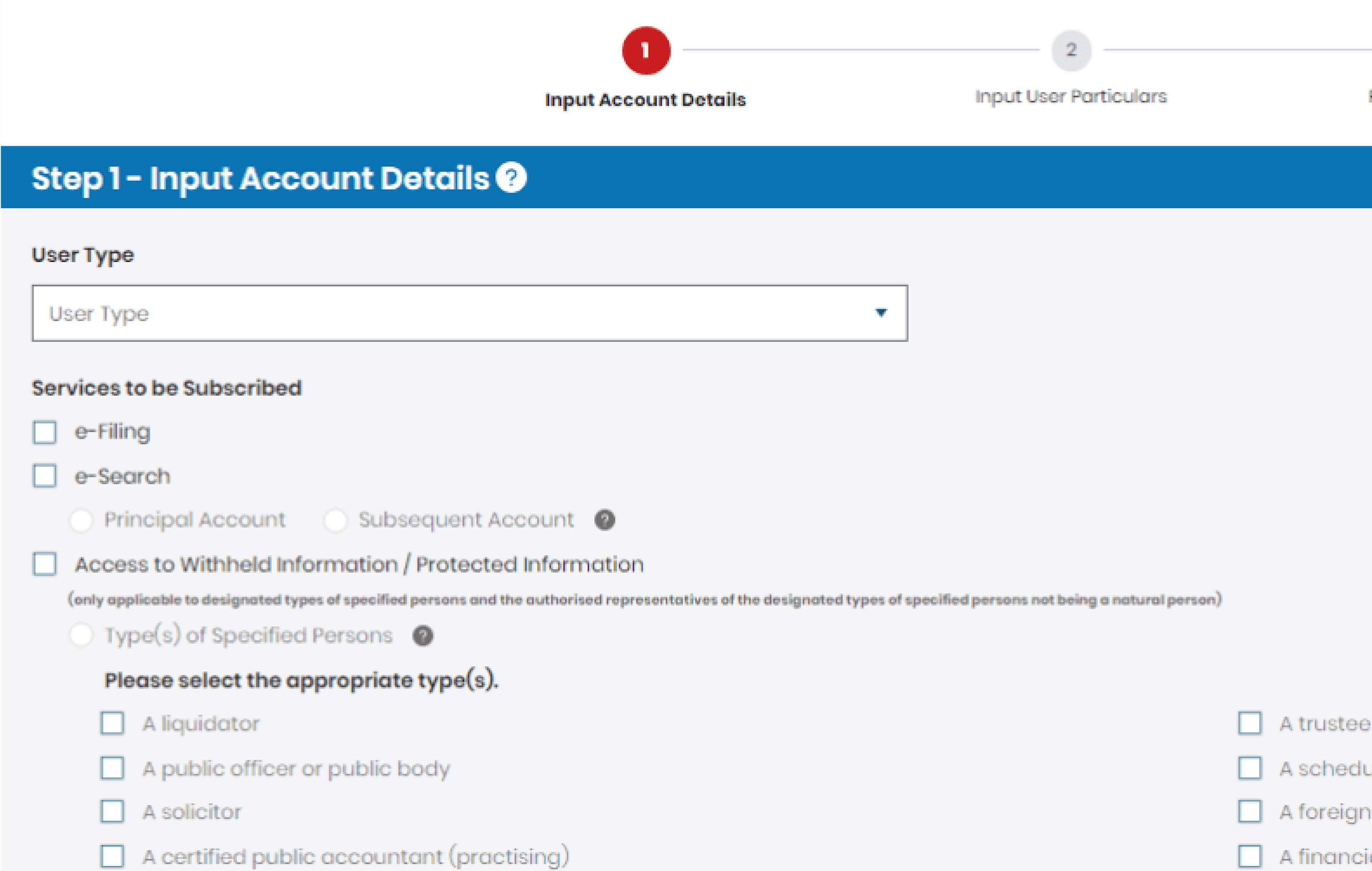 Filling in account details of the CR e-services