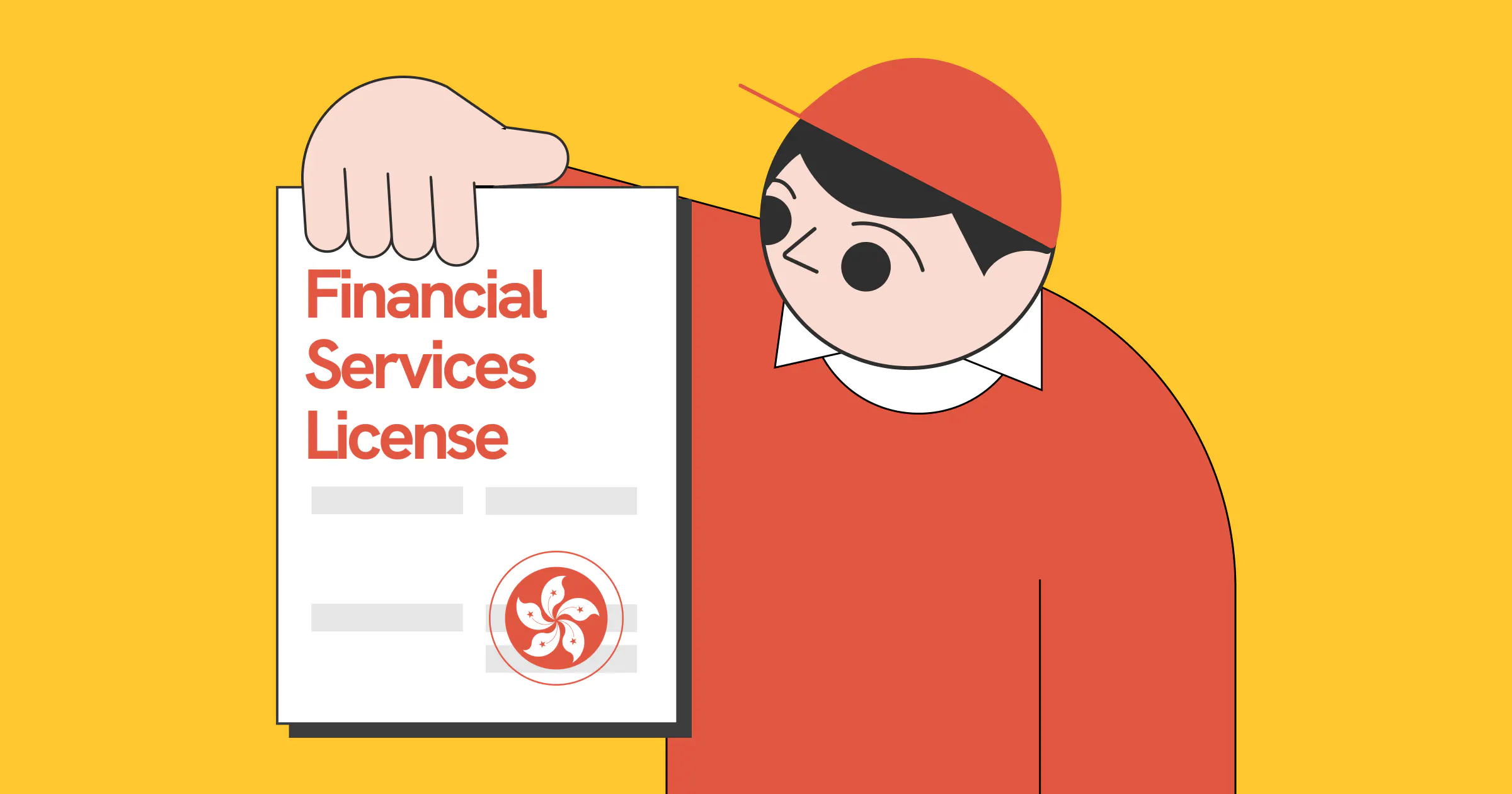 an illustration of statrys mascot holding a piece of paper that says financial services license with a hong kong symbol.