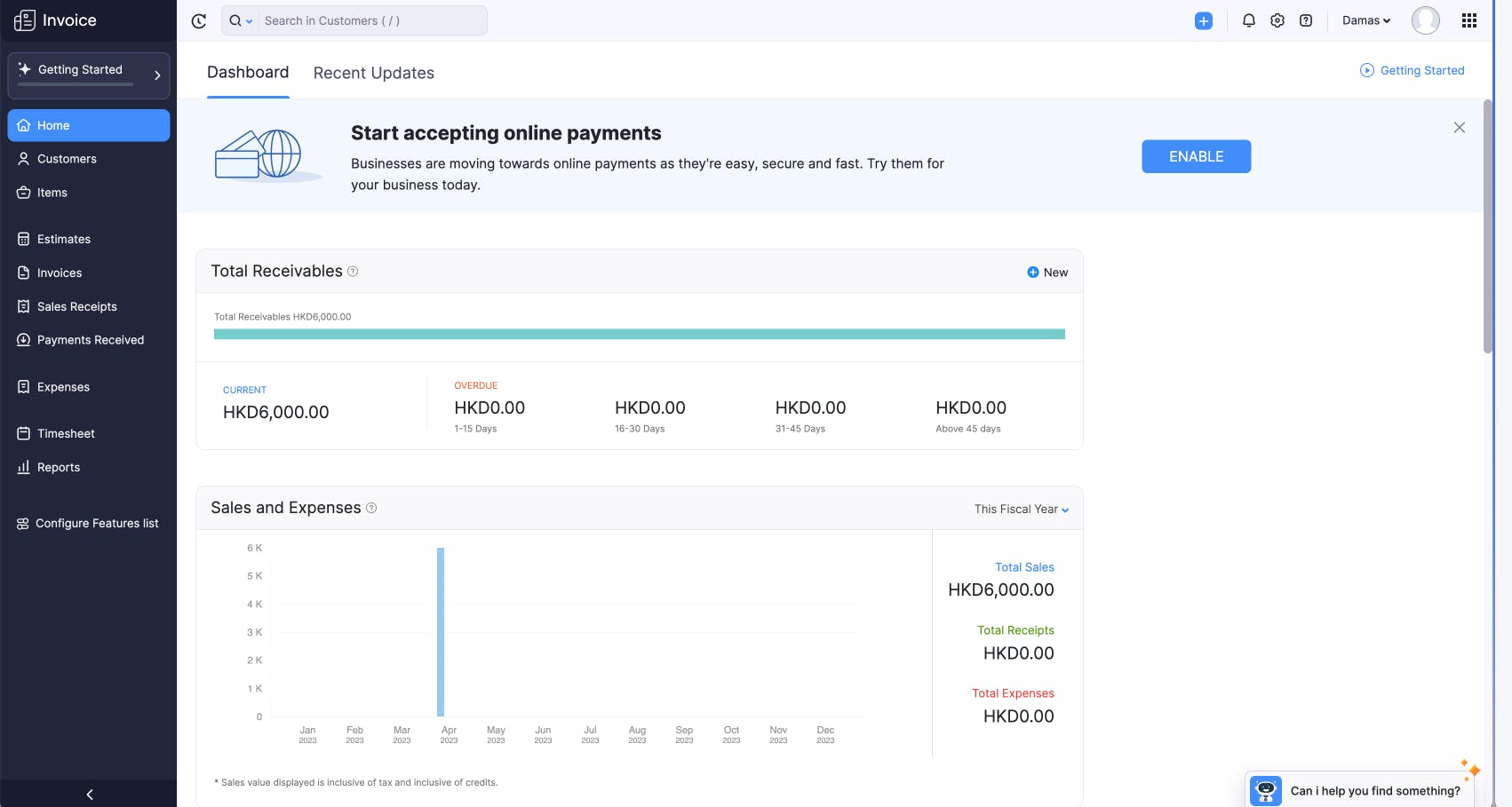 zoho invoice interface