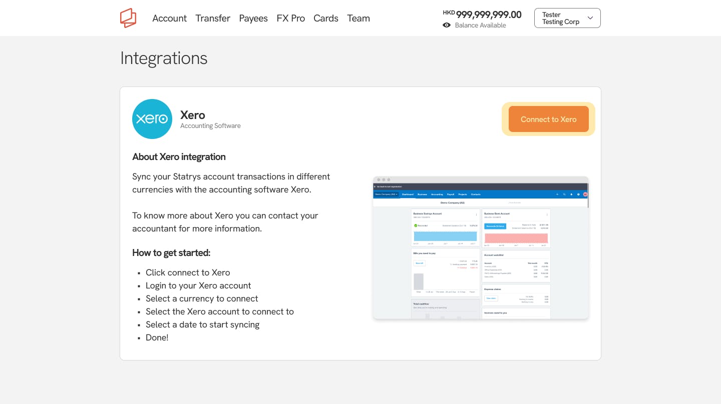Image showing the integrations page on Statrys Payment App