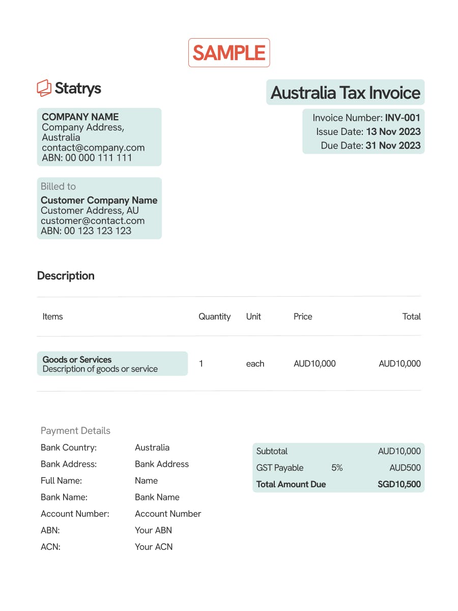 Invoice template for Australia