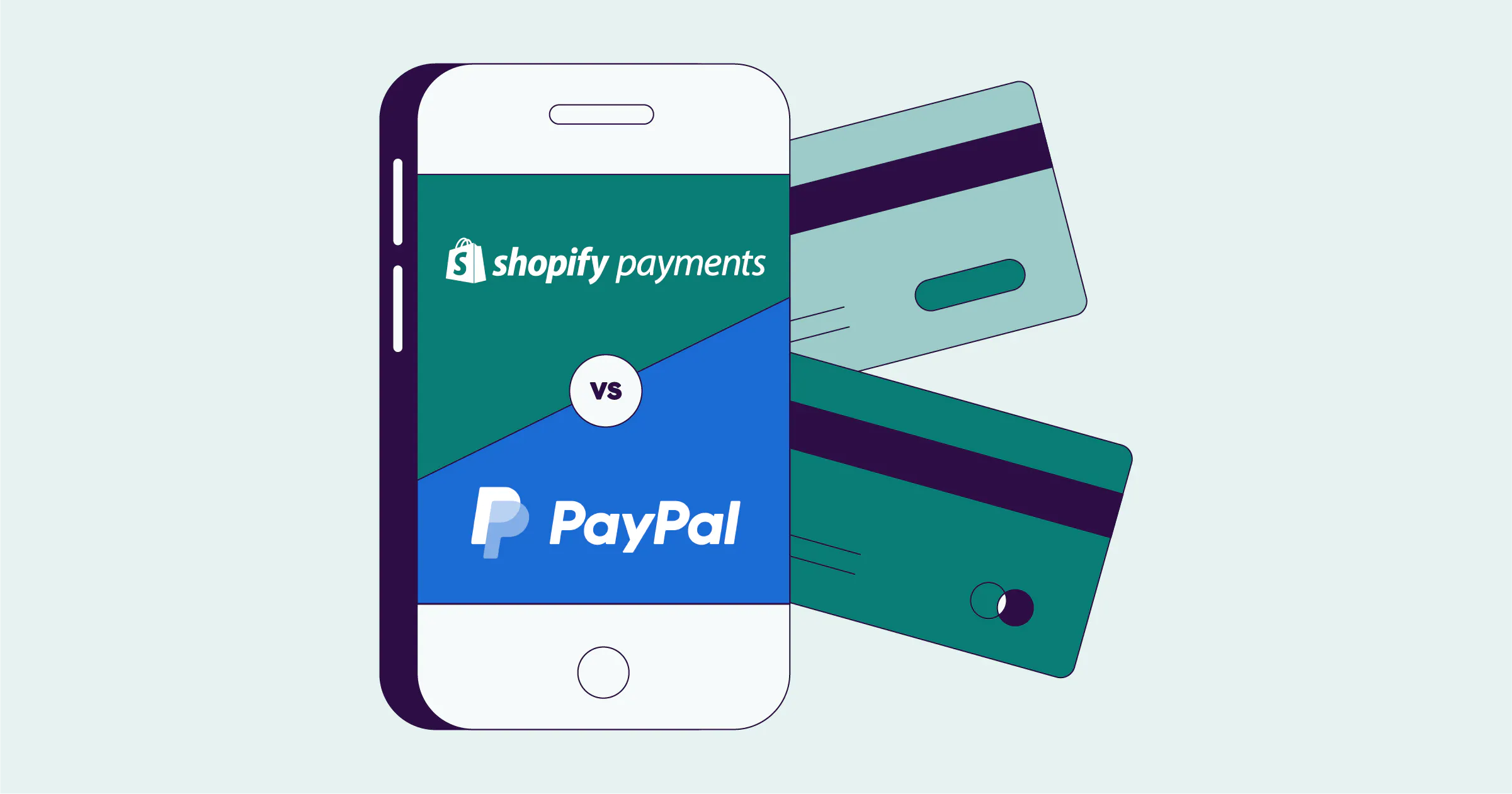 A smartphone with Shopify Payment and PayPal logos along with two credit cards.