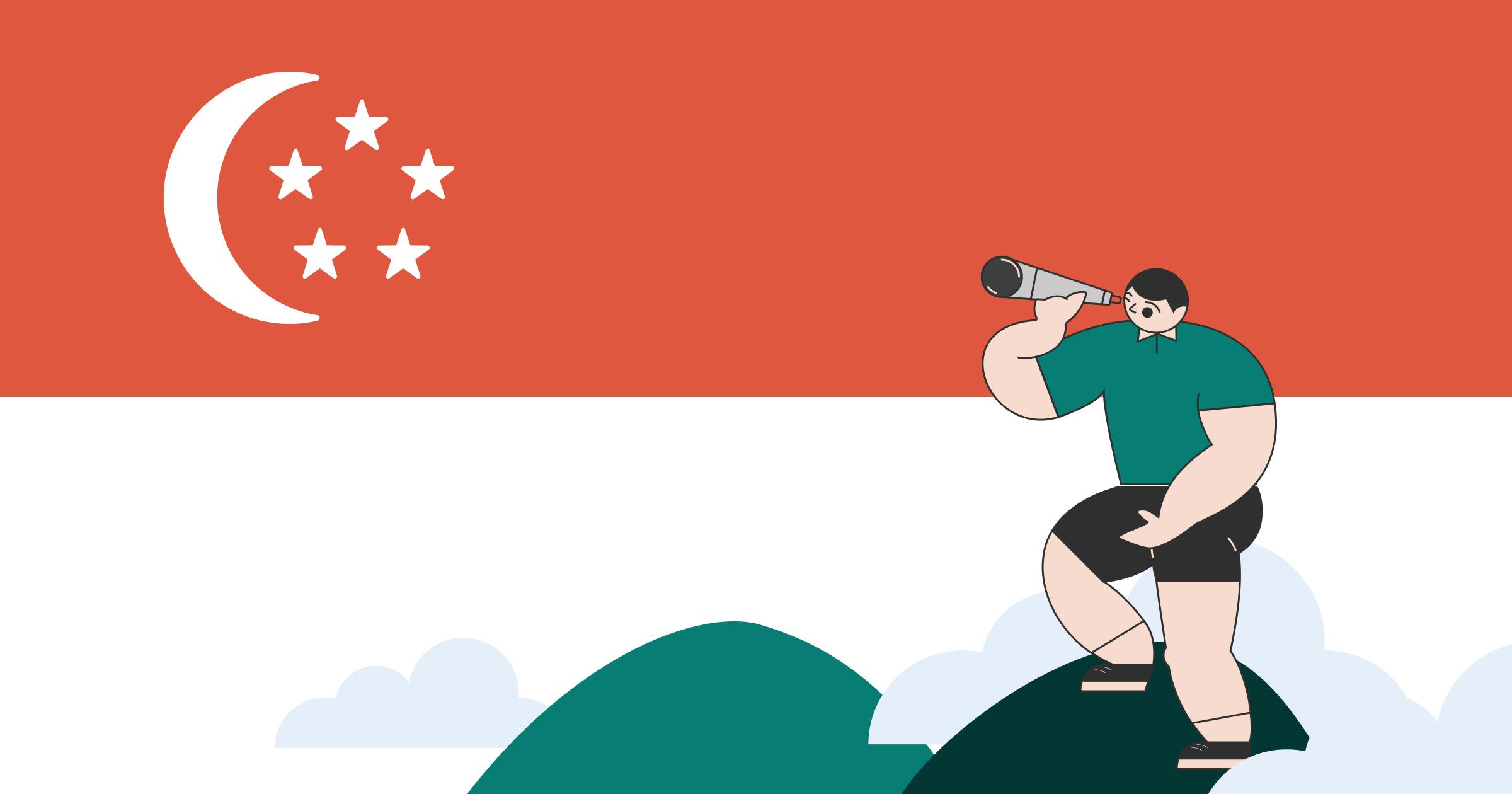 A man looking into a telescope at the Singapore flag