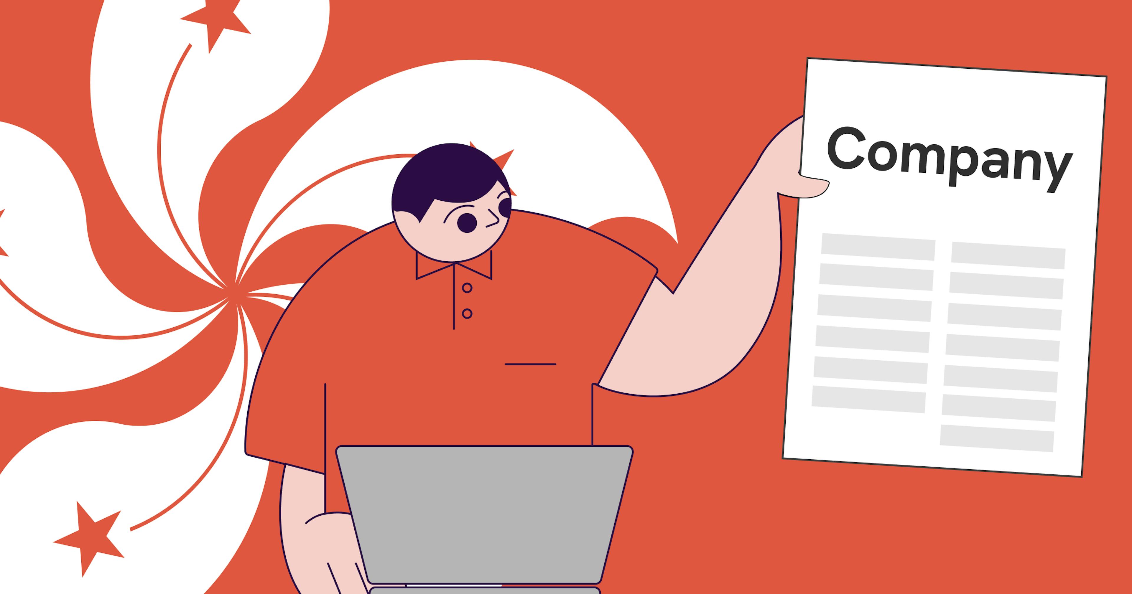 An illustration of a man holding a certificate after registering a company