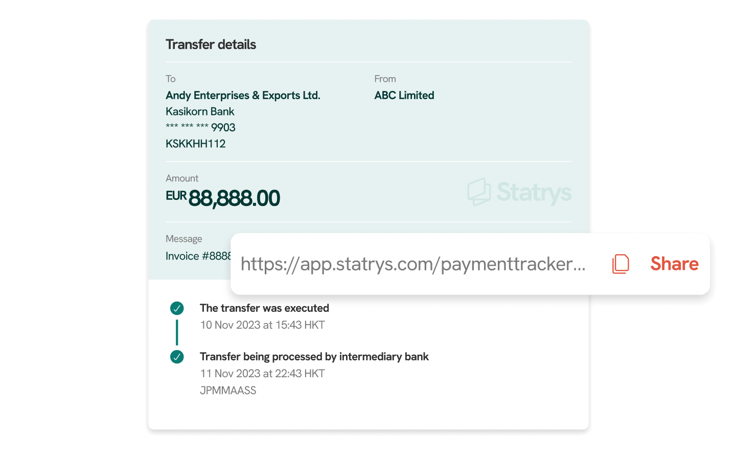 A screen of the SWIFT payment tracking on the Statrys platform.