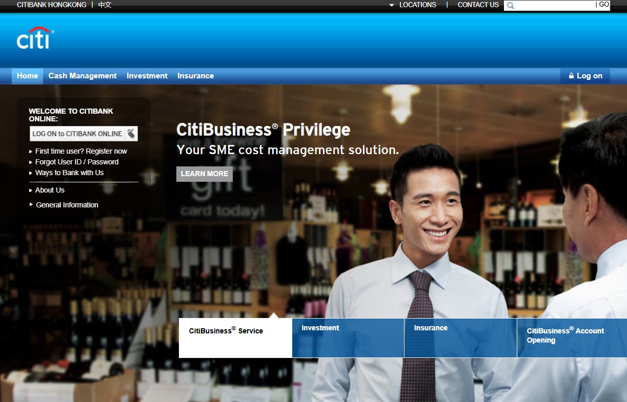 Screenshot of Citibank Hong Kong CitiBusiness homepage