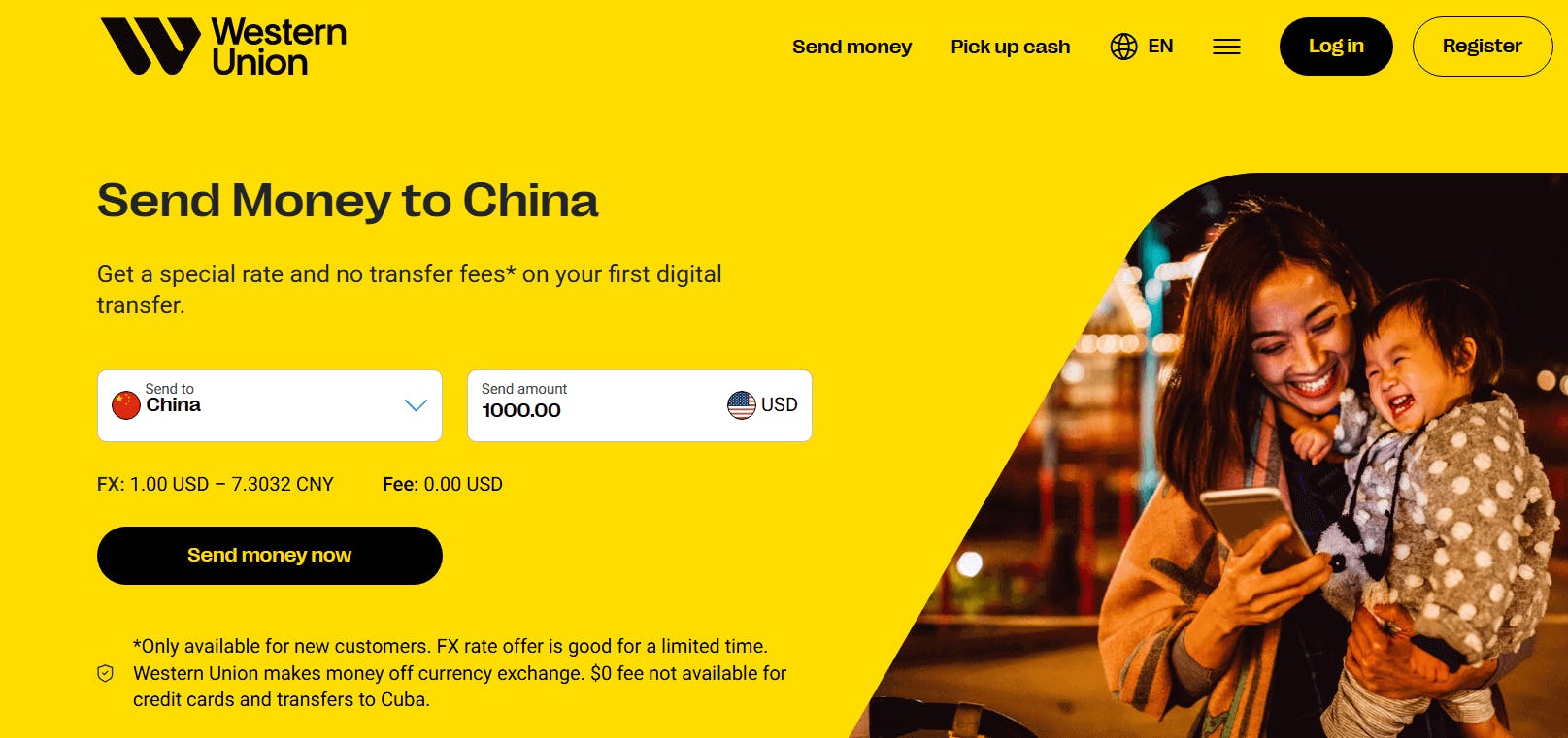 A screenshot of Western Union"Send Money to China" from USD page