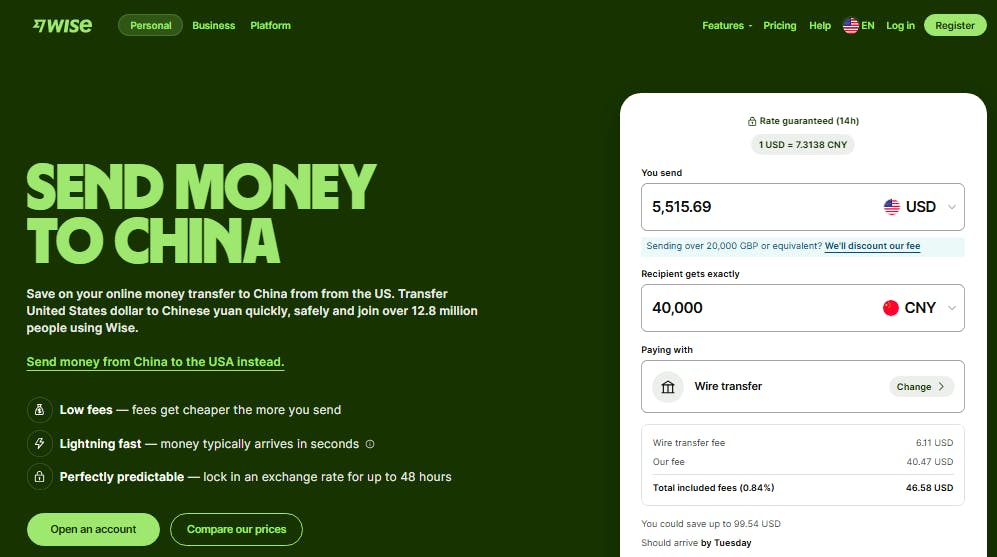 A screenshot of Wise page showing an estimated fee and speed for sending USD to CNY