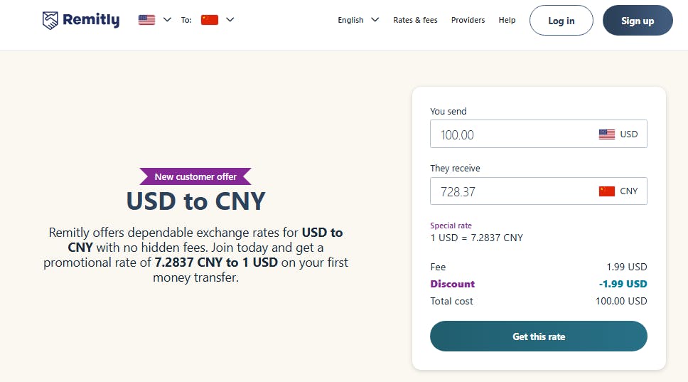 A screenshot of the Remitly page showing an estimated fee and rate for sending USD to CNY