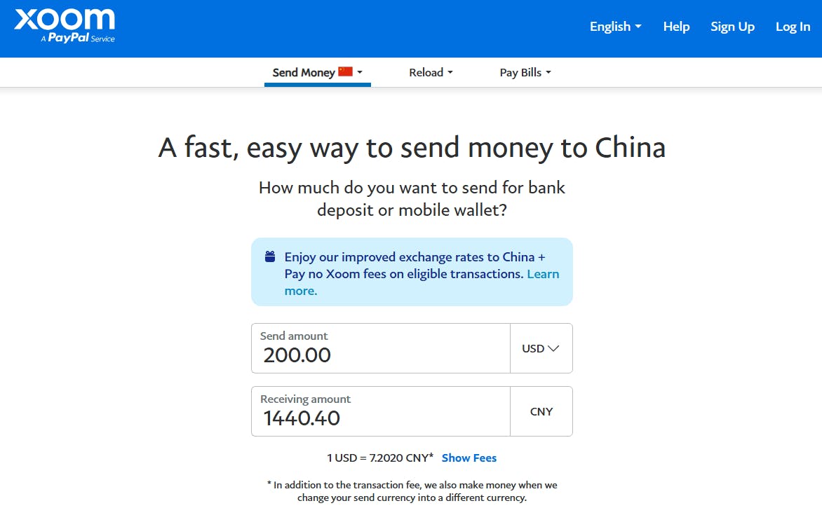 A screenshot of Xoom by PayPal "Send Money to China" page, which calculator showing an estimate of how much the recipient could receive in CNY when sending a particular amount in USD