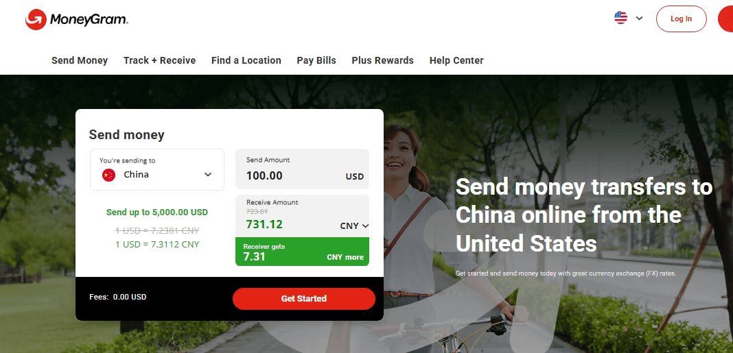 A screenshot of MoneyGram "Send Money" page which calculator detailing an estimate of how much the recipient could receive in CNY when sending a particular amount in USD to China