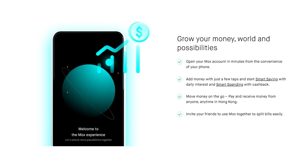 A screenshot of Mox bank account information with key feature explained