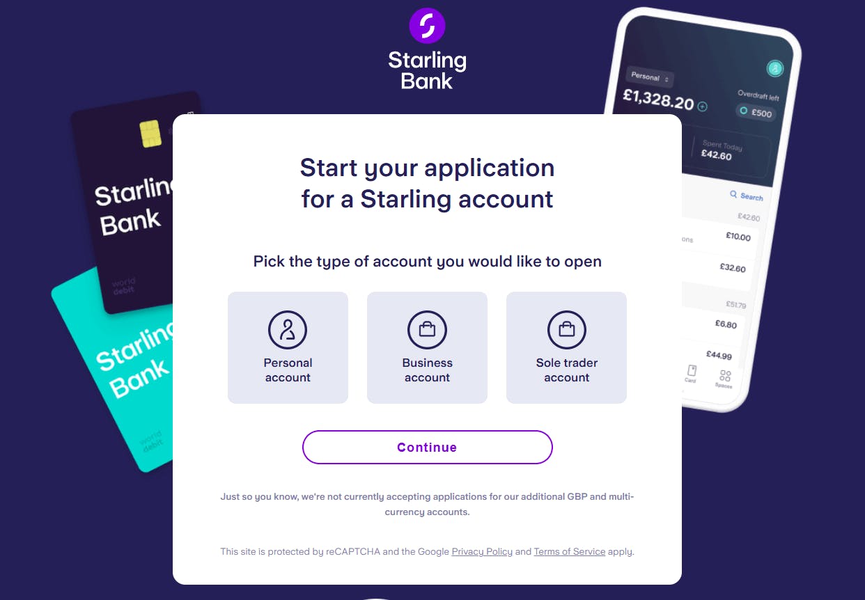 The image shows the Starling Bank's registration page