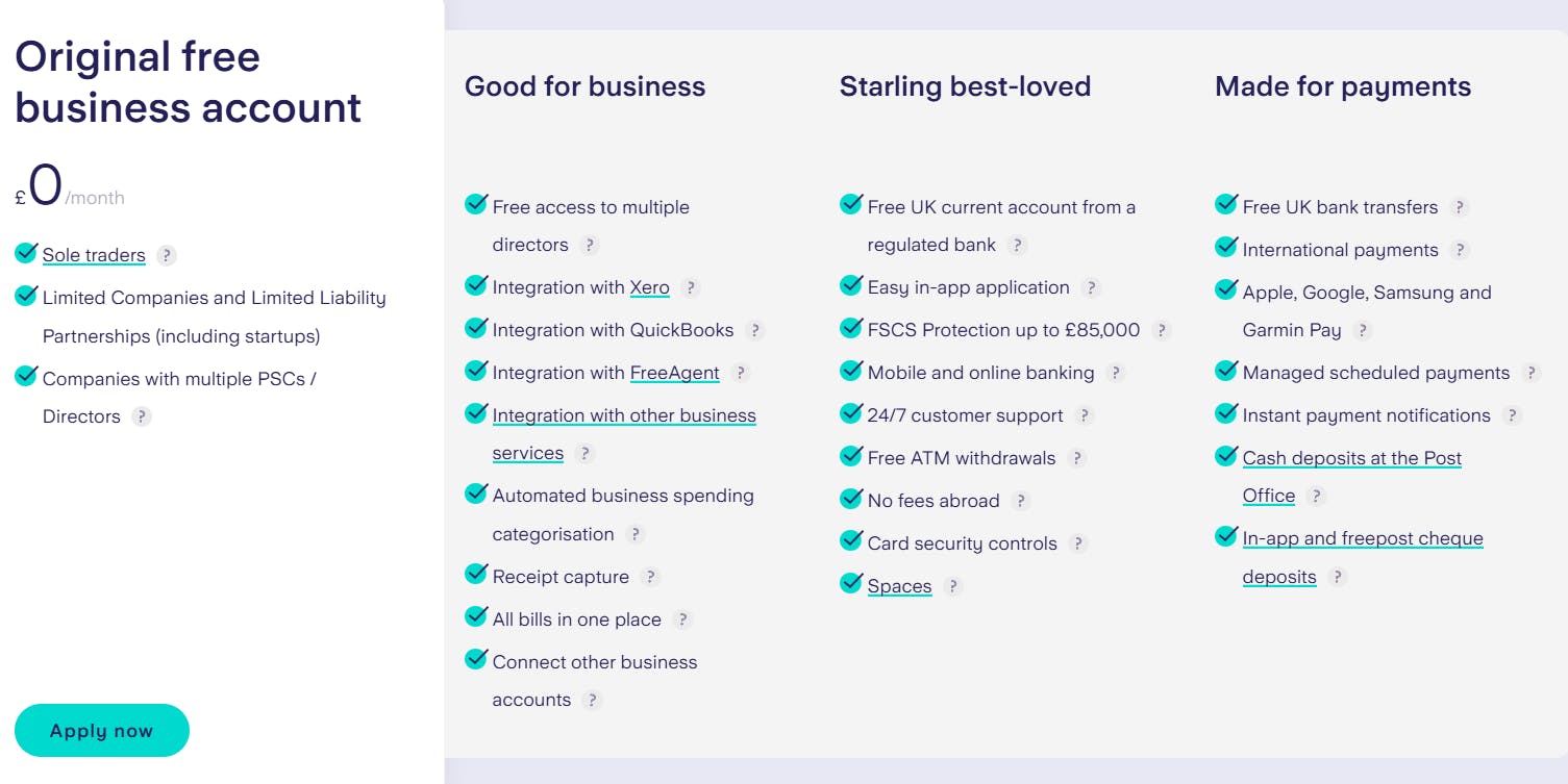 The image shows Starling Bank's pricing