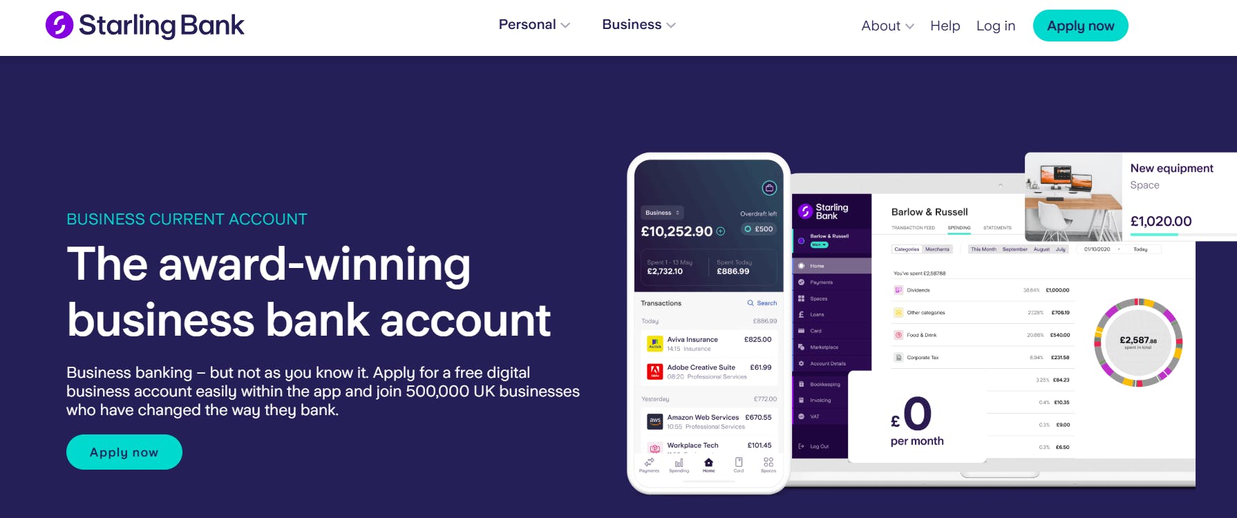 The image shows Starling Bank business account page with a dashboard of the platforms