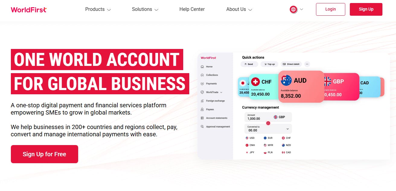 A screenshot of WorldFirst webpage showing a digital multi-currency business account dashboard